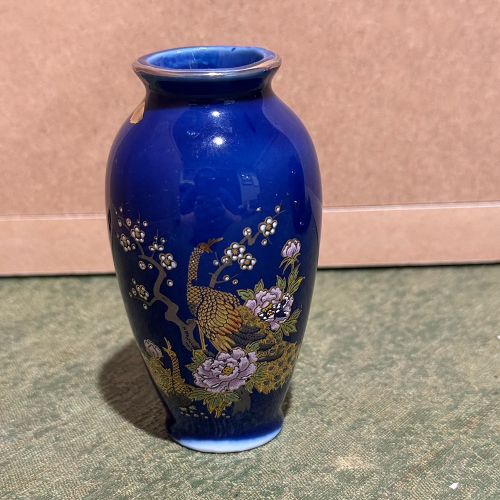 Vintage Japanese Cobalt Blue Mini Vase, Oriental Florals And Peacocks